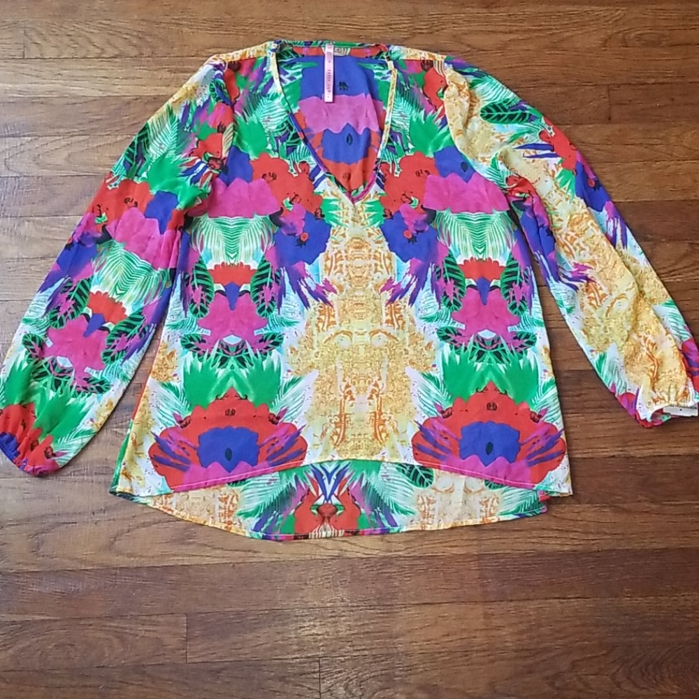 Multi-Color Floral Print V Neck Blouse